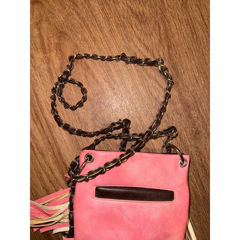 BHW Pink Brown Faux Leather Rhinestone Skull Fringe Crossbody Bag Western Gothic - Picture 5 of 6